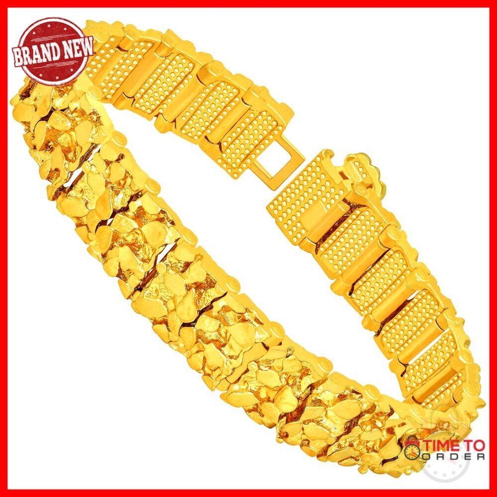 16mm Rugged Nugget Link Bracelet 24k Gold Plated Heavy Chain